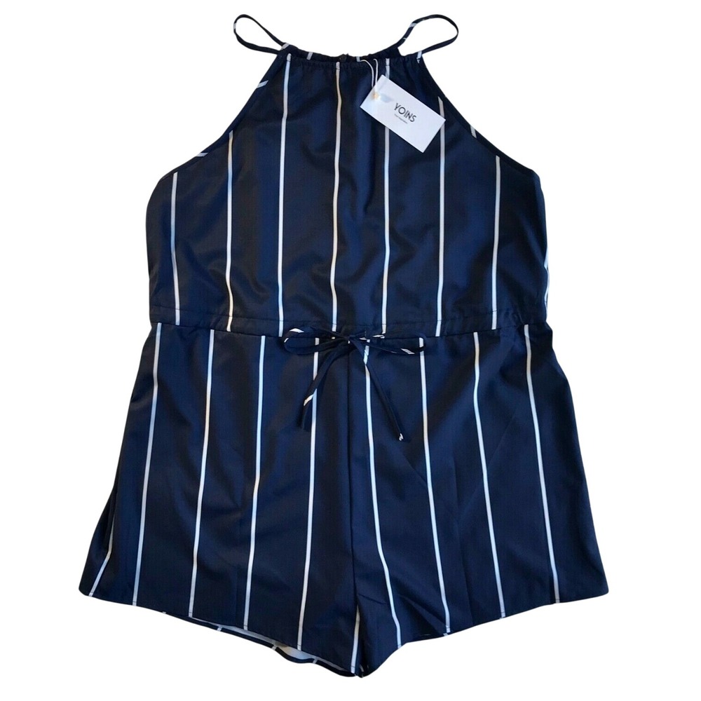 YOINS Preppy Striped Romper Halter Neck Sleeveless‎ Drawstring Waist Jumpsuit XL